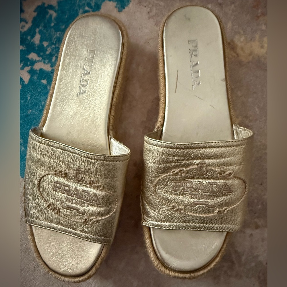 Prada Metallic Gold Espadrille Slide Sandals EU41 US9.5-10.5